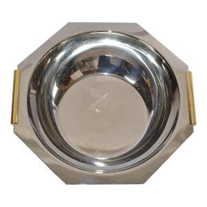1990s Alessi Style Octagonal Stainless Steel Salat Bowl Brass Handles Italy 18/10