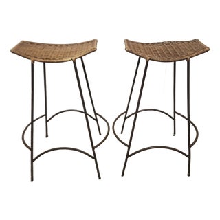 Mid Century Barstools Attributed to Arthur Umanoff Wicker and Iron Pair For Sale