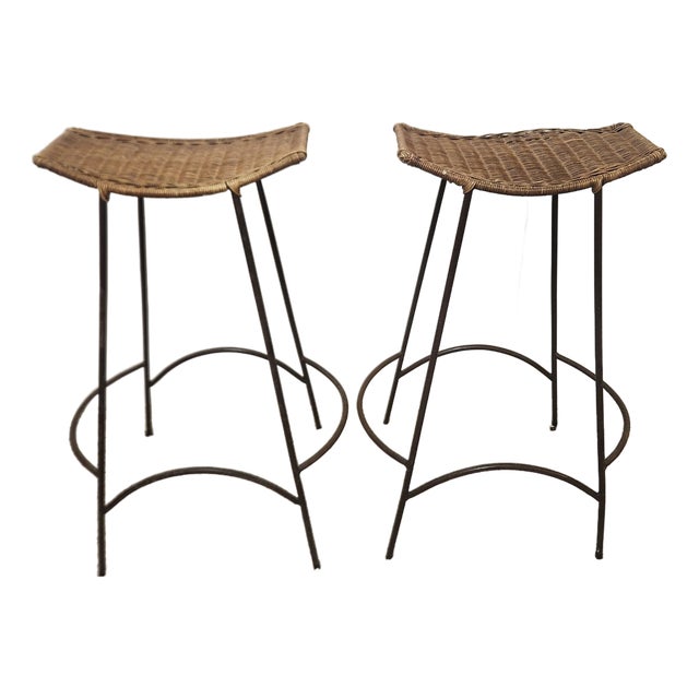 Mid Century Barstools Attributed to Arthur Umanoff Wicker and Iron Pair For Sale