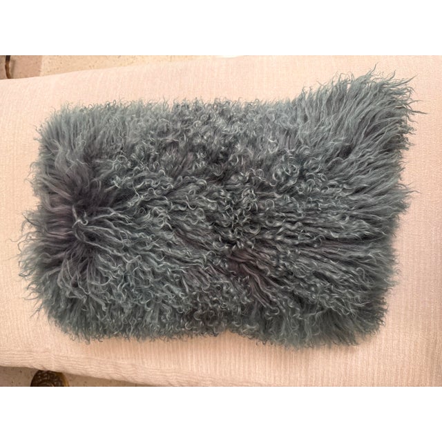 1990s Curly Mongolian Lamb–Style Lumbar Pillow in Teal Blue-Gray For Sale - Image 5 of 5