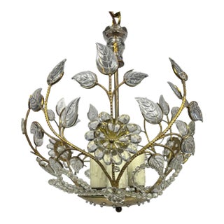 1930's Maison Bagues Style Brass & Floral Crystal Chandelier For Sale