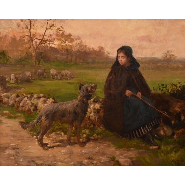 Charles Jean Auguste Escudier, Landscape with Shepherdess and Dog, 1895, Oil on Canvas, Framed For Sale - Image 3 of 11