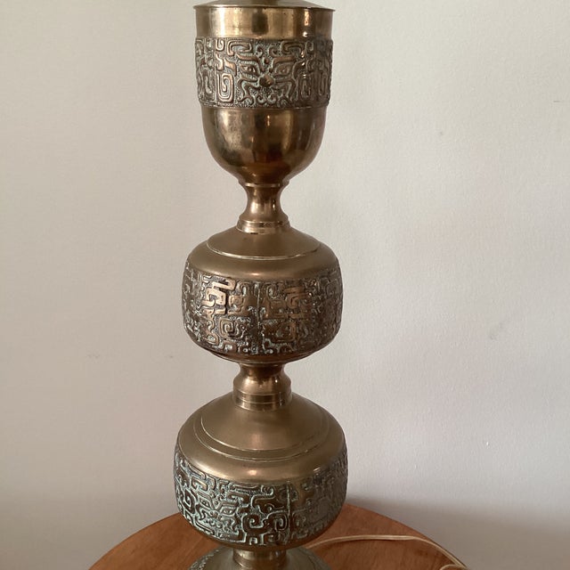 Brass Vintage Asian Inspired La James Mont Style Intricately Carved Heavy Brass Lamp Circa 1940 For Sale - Image 8 of 12