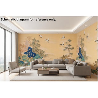 36" * H100"/Panel * 5ps, Mustard-Yellow Pine and Crane Wallpaper, Chinese-Style Pine and Crane Wallpaper Mural, 5 Panels For Sale