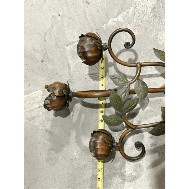 Bronze Vintage Italian Style Pair Rose Design Metal Wall Candleholders For Sale - Image 8 of 8