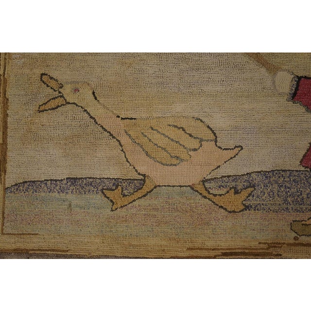 1930s Ivory Scene Folk Art Antique American Hooked Rug 2'2" X4'2" Handknotted Wool Carpet For Sale - Image 4 of 6