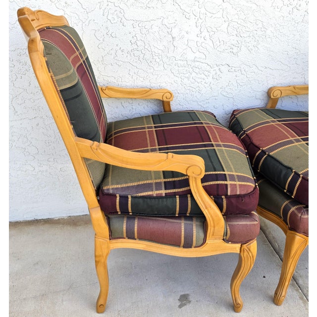 Vintage Louis XV French Provincial Armchairs Plaid Tartan Fauteuil Cabriole Legs For Sale - Image 4 of 16