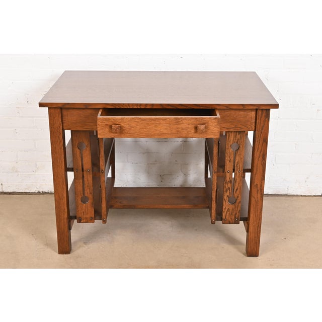 Stickley Brothers Style Antique Mission Oak Arts & Crafts Desk With Built-In Bookcases, Newly Refinished For Sale In South Bend - Image 6 of 12
