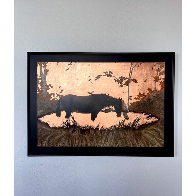 This artwork presents a serene scene where a horse stands in a reflective pool, surrounded by softly rendered foliage and...