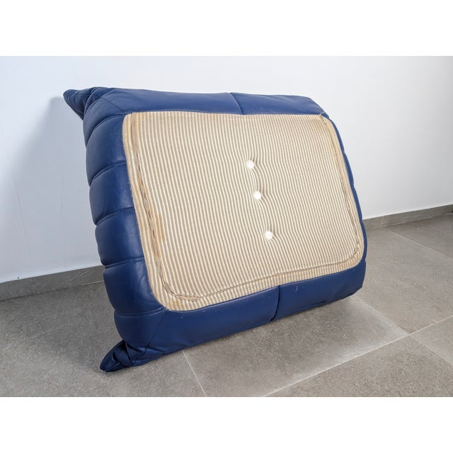 Animal Skin Vintage French Togo Pouf in Blue Leather by Michel Ducaroy Ligne Roset, 1980s For Sale - Image 7 of 13