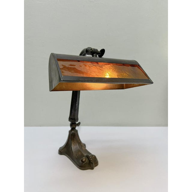 Art Nouveau Bankers Lamp in Brass with Colored Glass Lampshade, 1930s For Sale - Image 11 of 12