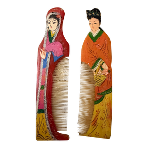 Vintage Hand Painted Figural Vanity Combs, Pair, Japanese Celluloid Boudoir Decor, 1930s-1950s