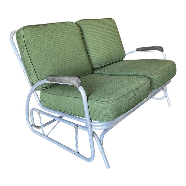 1930s Streamline Art Deco Aluminum Patio Glider Settee For Sale