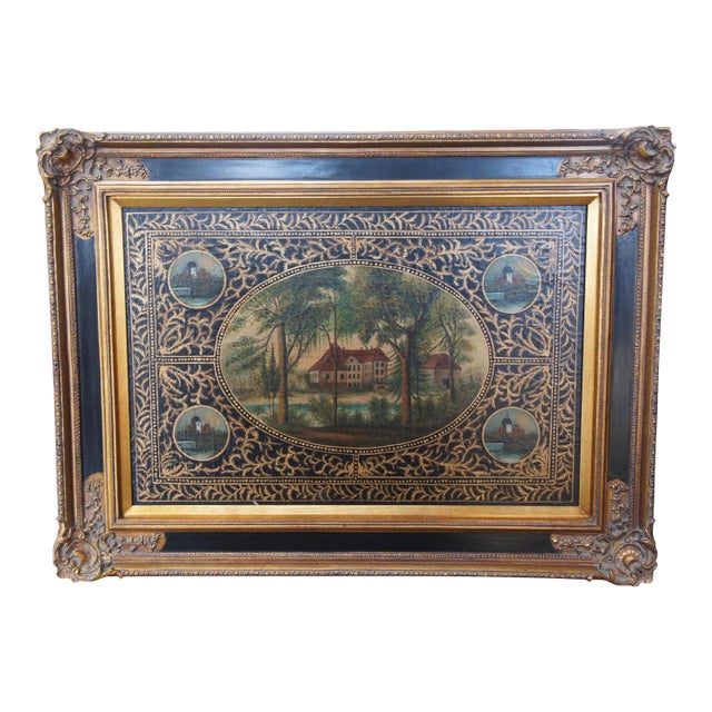 Vintage Tole Hand Painted Woodland Cottage Landscape Framed Metal Toleware 47" For Sale