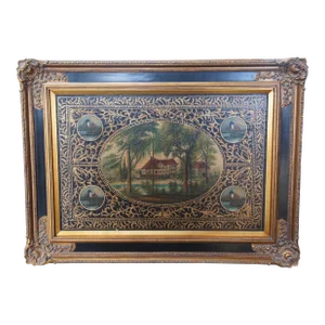 Vintage Tole Hand Painted Woodland Cottage Landscape Framed Metal Toleware 47"