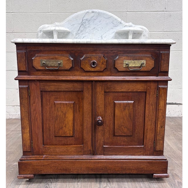 Wood Antique Late 1800s Victorian Walnut Marble Top Washstand For Sale - Image 7 of 12