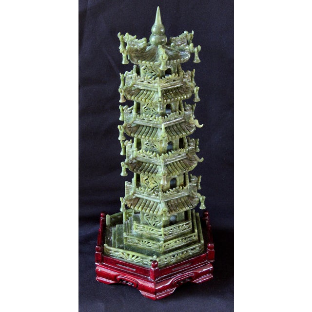 Chinese Vintage Chinese Jade Pagoda Sculpture – Hand-Carved Multi-Tier Celadon Green Temple Tower, Asian Feng Shui Decorative Stone Figurine on Red Wood Stand For Sale - Image 3 of 17