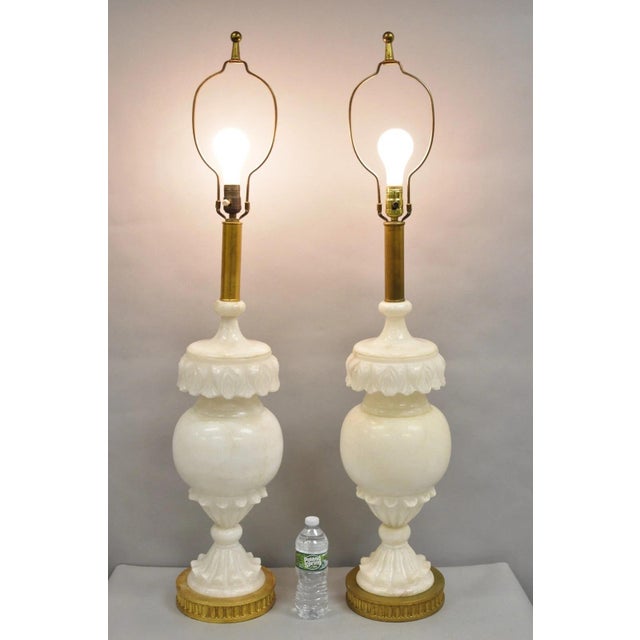 Antique Italian Neoclassical Large Carved Solid Alabaster Marble Leafy Bulbous Table Lamp on Gold Gilt Metal Bases - a...