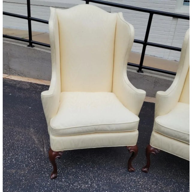 1990s Pair of Southwood Queen Anne Wingback Chairs in Ivory Damask For Sale - Image 5 of 15