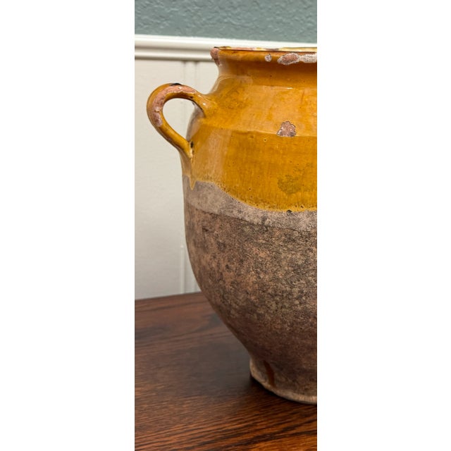 Antique French Country Confit Pot Pottery Jug Glazed Ochre Yellow Large For Sale - Image 11 of 16