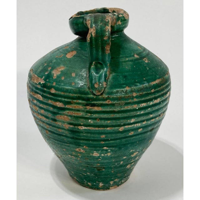 Ceramic Antique Distressed Terra Cotta Green Glazed Water Vessel or Oil Jug For Sale - Image 7 of 8