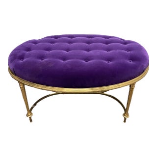 Solid Brass Oval Bench With Purple Velvet Upholstery by Baker Furniture For Sale