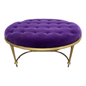 Solid Brass Oval Bench With Purple Velvet Upholstery by Baker Furniture