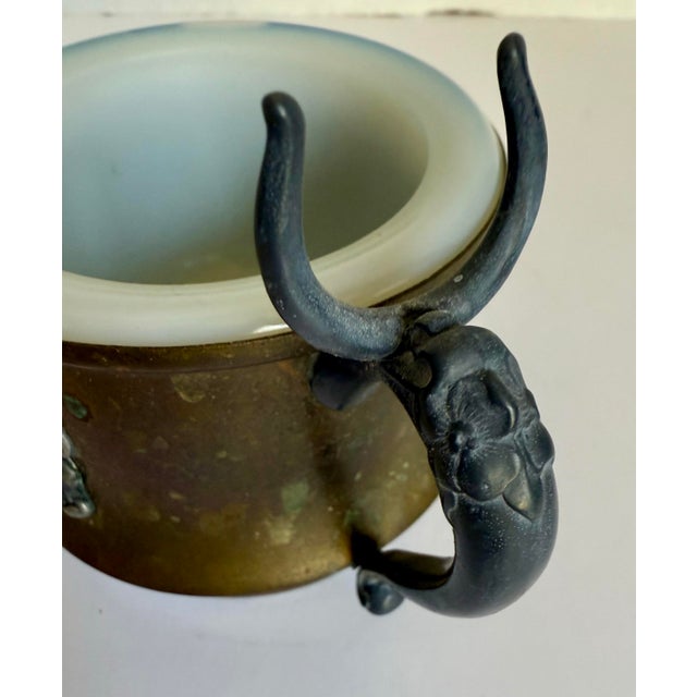 Early 20th Century Antique Brass Shaving Mug With Milk Glass Liner & Silver-Toned Shield Cartouche For Sale - Image 5 of 11