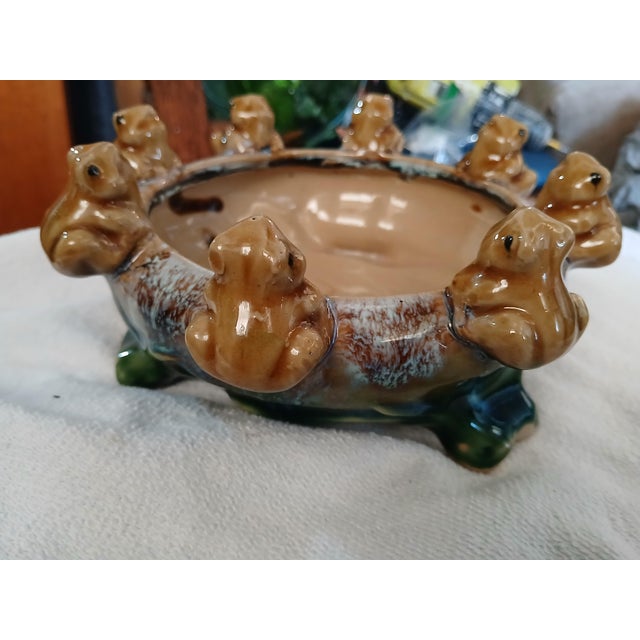 Vintage Majolica California Pottery 8 Frog Ceramic Planter Drip Glaze Blue Green Brown For Sale - Image 4 of 10