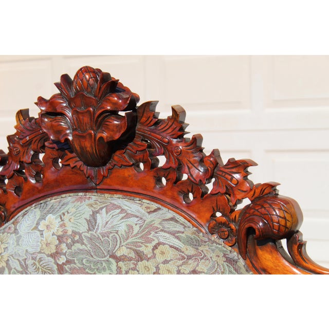 Antique Victorian Rococo Revival Hand-Carved Rosewood Sofa – Early 20th Century Ornate Floral Upholstered Couch For Sale In Naples, FL - Image 6 of 16