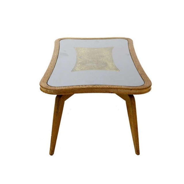 Art Deco Etched Glass Cerused Blond Oak rounded Corners Rectangle Coffee Table For Sale - Image 9 of 10