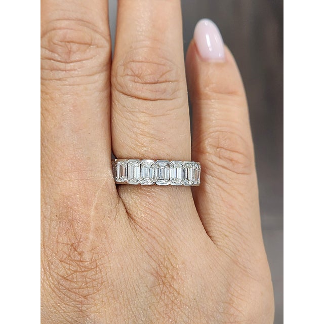 Modern 5.18 Ct Emerald Cut Half Bezel Set Diamond Eternity Ring Size 5.5 For Sale - Image 3 of 8