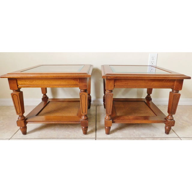 Pair Small Low Vintage Square Solid Wood Cane & Beveled Glass Side/End Accent Tables For Sale - Image 12 of 12
