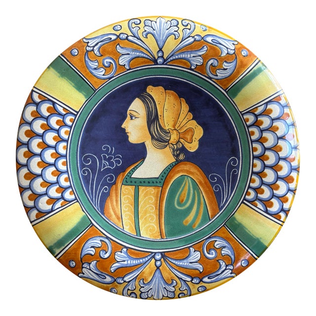 Vintage Deruta Italy Hand-Painted Pottery Portrait Charger Plate For Sale