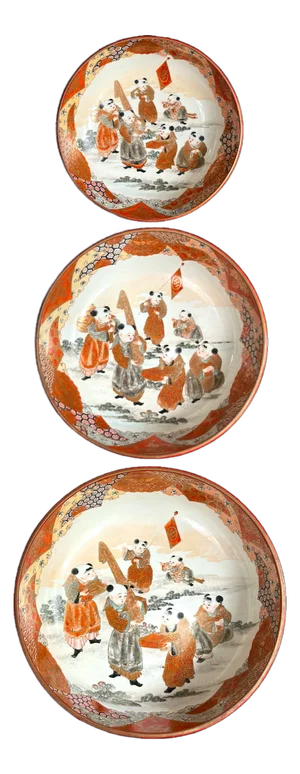 19th Century Antique Meiji Period Kutani-Style Imari Porcelain Nesting Bowls- Set of 3