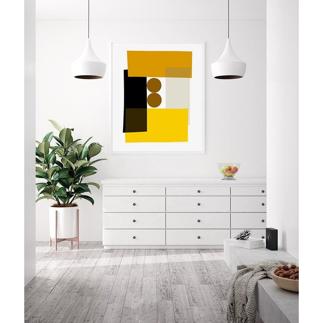 "YellowTuxedo" is a dynamic composition of jet black, bright yellow, golden yellow, and off-white with center circles in...