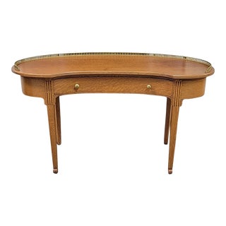 19th C English Tiger Oak Kidney Writing Desk With Brass Gallery For Sale