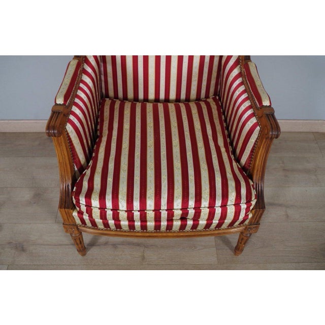 Red Early 20th Century French Louis XVI Style Walnut Bergères à Oreilles with Fluted Legs - A Pair For Sale - Image 8 of 12