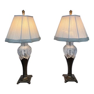 Late 20th Century Cut Glass + Silver Art Deco Table Lamps, Pair For Sale