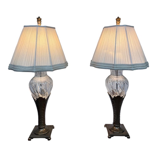 Late 20th Century Cut Glass + Silver Art Deco Table Lamps, Pair For Sale
