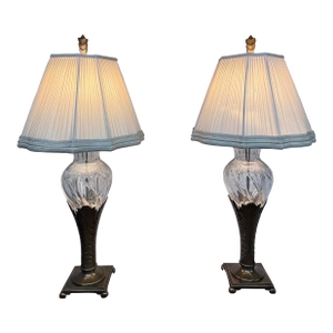 Late 20th Century Cut Glass + Silver Art Deco Table Lamps, Pair