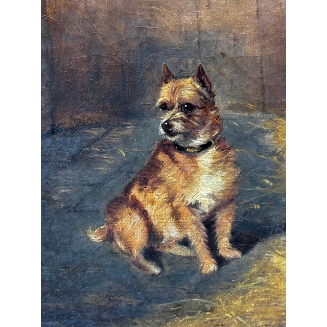 Wood Victorian Horse Painting British Sporting Oil on Canvas With Roan Horse With Terrier in Stable Circle of Edwin Frederick Holt, English Equestrian Art For Sale - Image 7 of 7