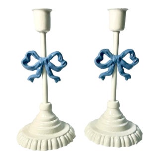 1970s Vintage French Chippendale Boho Chic Ribbon Bows Candlestick Holders - A Pair. For Sale
