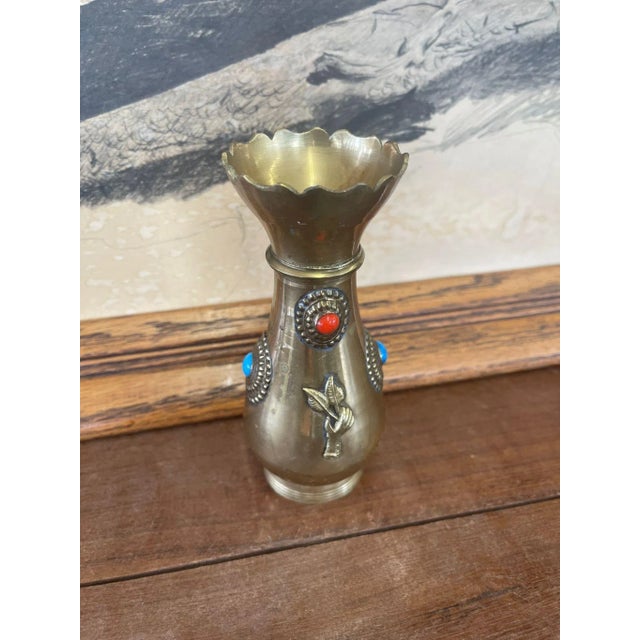Metal 1970s Decorative Brass Bejeweled Vase Red and Blue Accents For Sale - Image 7 of 7