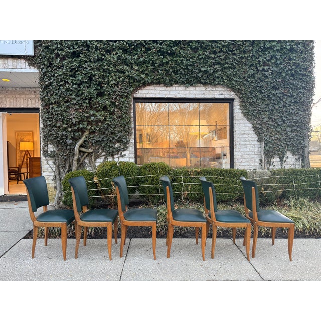 André Arbus Mid 20th Century Vintage French Oak and Leather Dining Chairs- Set of 6 For Sale - Image 4 of 12