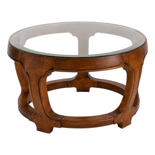 Vintage Thomasville Sculptural Round Walnut Coffee Table With Glass Top For Sale