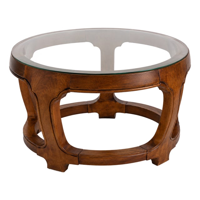 Vintage Thomasville Sculptural Round Walnut Coffee Table With Glass Top For Sale