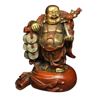 Vintage Gilt Patinated Bronze Laughing Buddha Sculpture With Coins and Ruyi Scepter For Sale