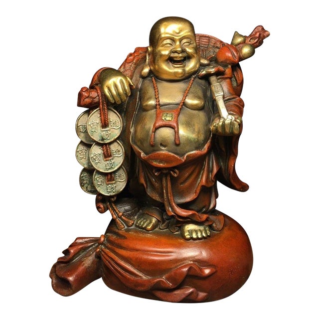 Vintage Gilt Patinated Bronze Laughing Buddha Sculpture With Coins and Ruyi Scepter For Sale