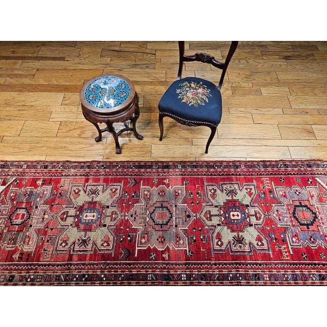 Red Vintage Persian Heriz Runner, Hand-Knotted Wool, Geometric Pattern, Red & Green, 3x10 For Sale - Image 8 of 18